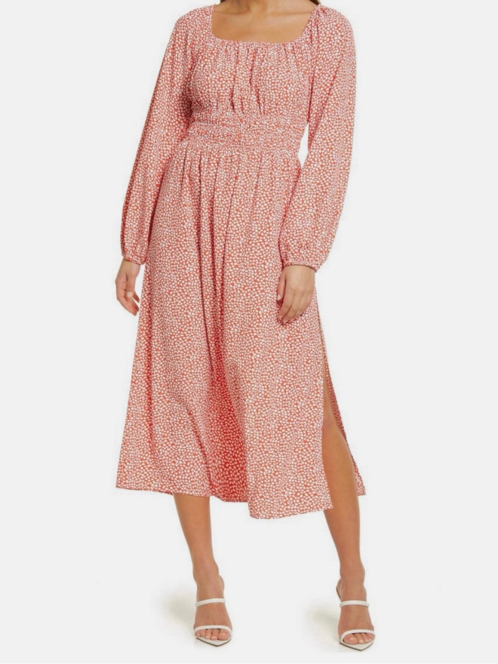 Charles Henry Coral and White Ditsy-Print Midi Dress